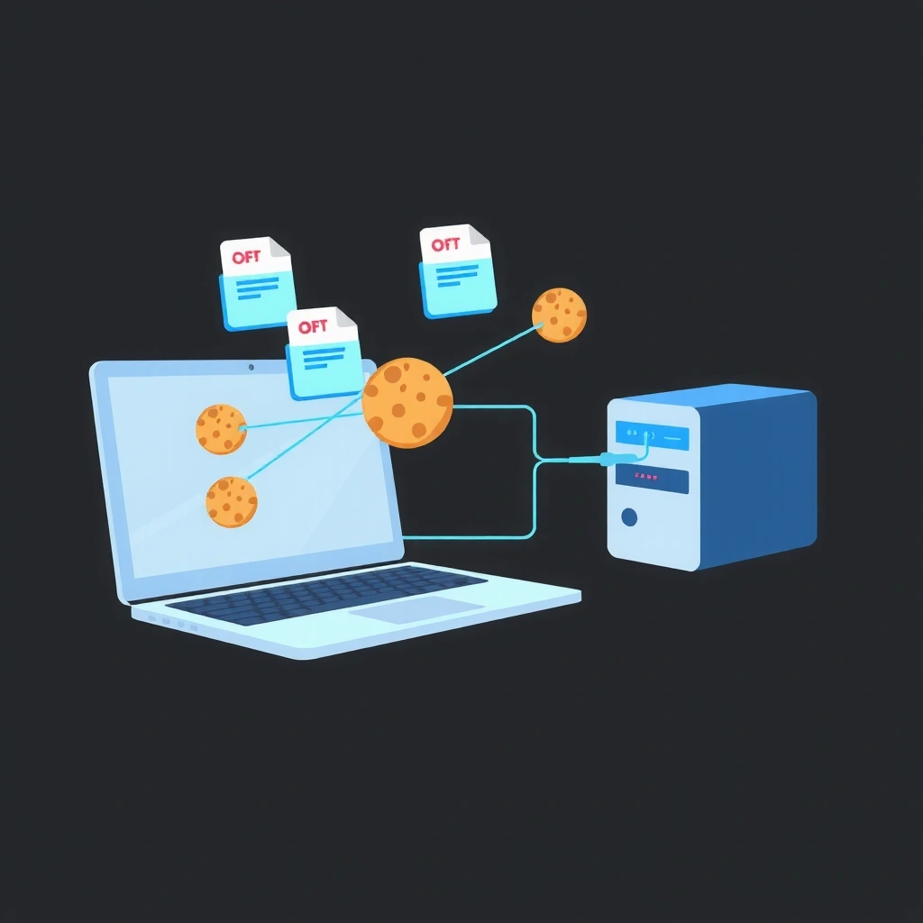 Cookie technology illustration showing digital files and data flow
