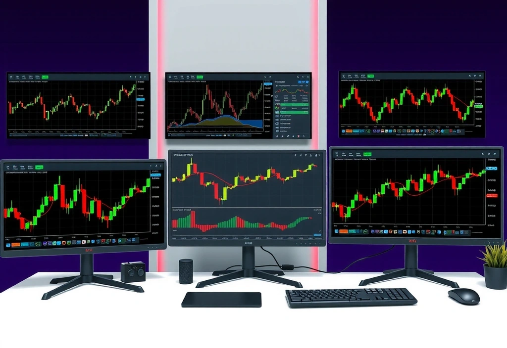 Professional trading setup with multiple monitors showing charts and analytics